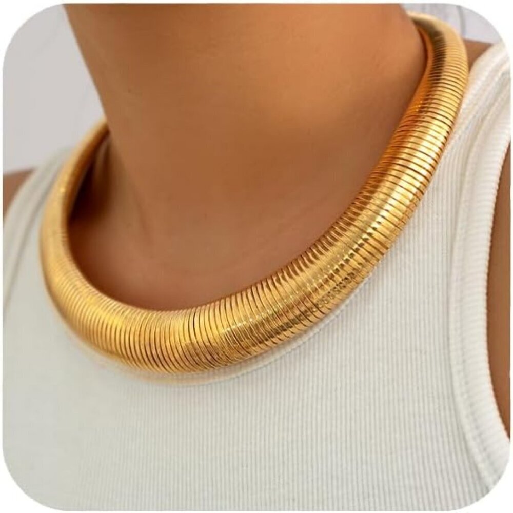 Women 1 Layer14k Gold Plated Snake Chain Statement Necklace Triple Layered